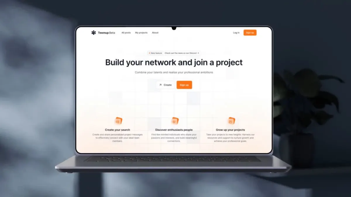 Page d'accueil de Teemup (bêta), plateforme pour monter une équipe projet